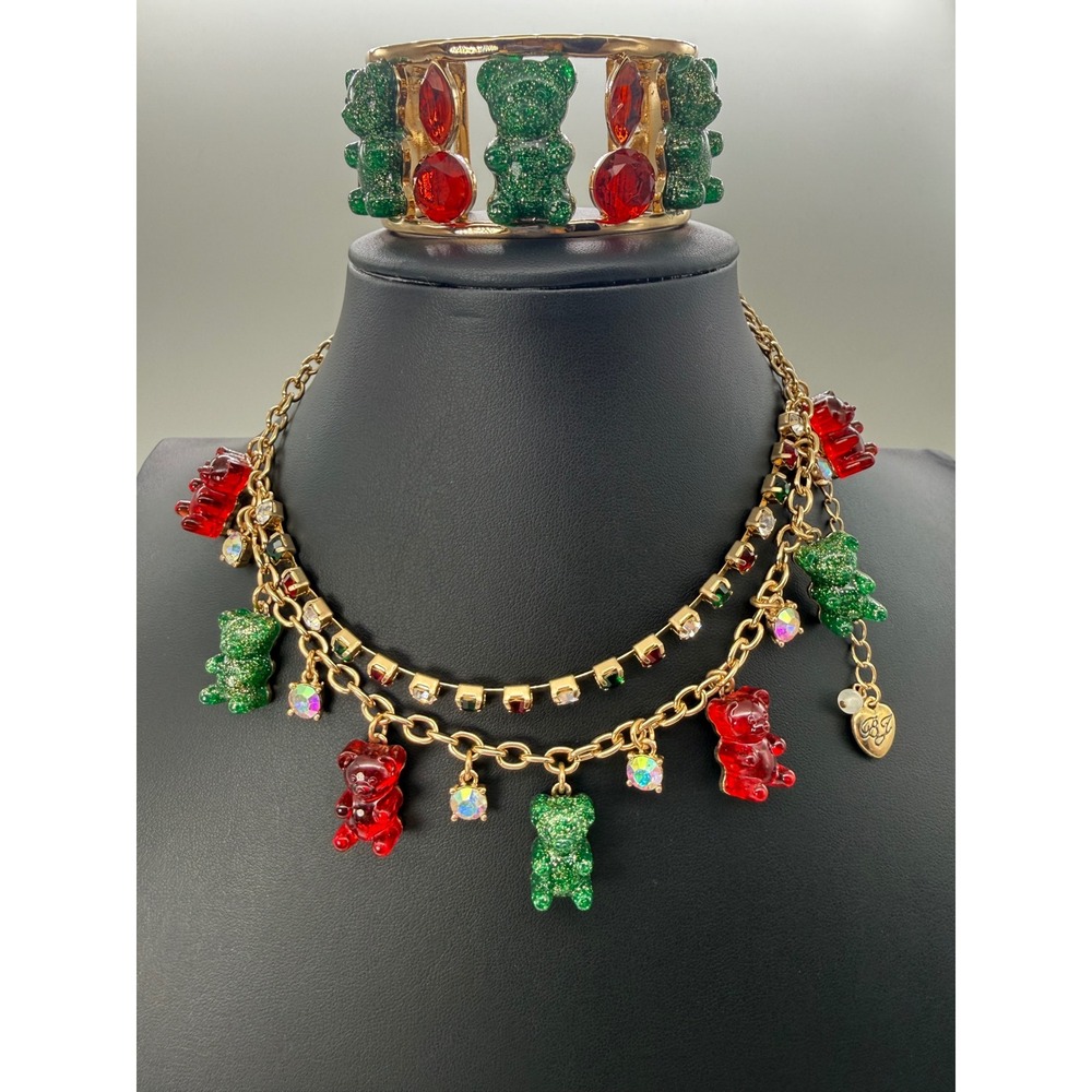 Betsey Johnson Gummy Bear Necklace and Cuff Bracelet Set Red Green Gold Vintage